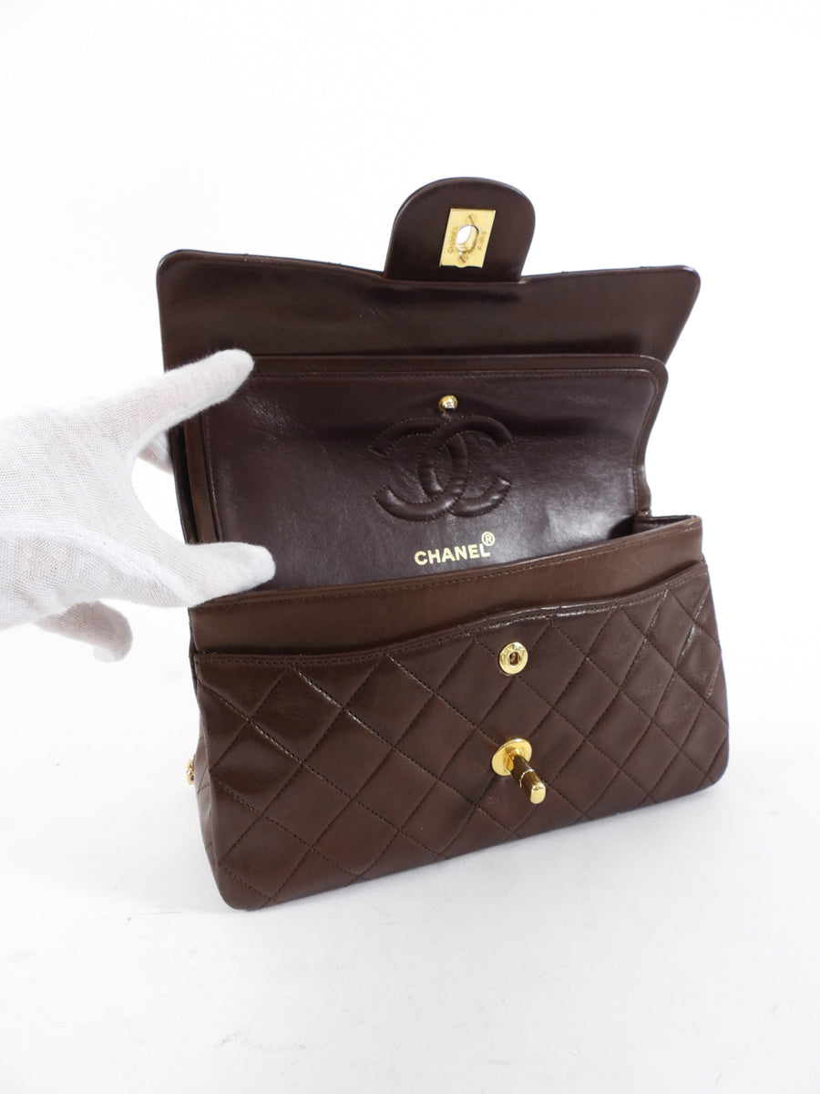 Chanel Vintage 1989 Chocolate Brown Lambskin Small Double Classic Flap Bag GHW