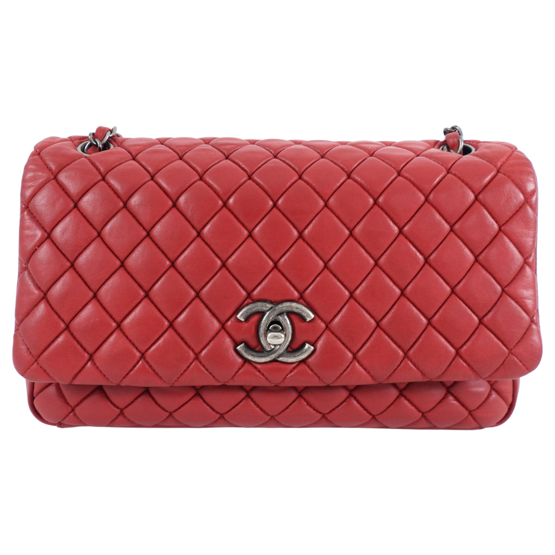 Chanel Red Calfskin Bubble Quilted Medium Single Flap Shoulder Bag