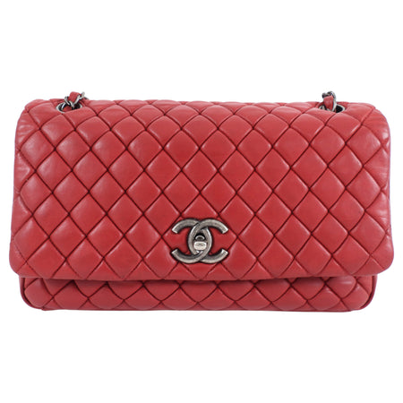 Chanel Red Calfskin Bubble Quilted Medium Single Flap Shoulder Bag