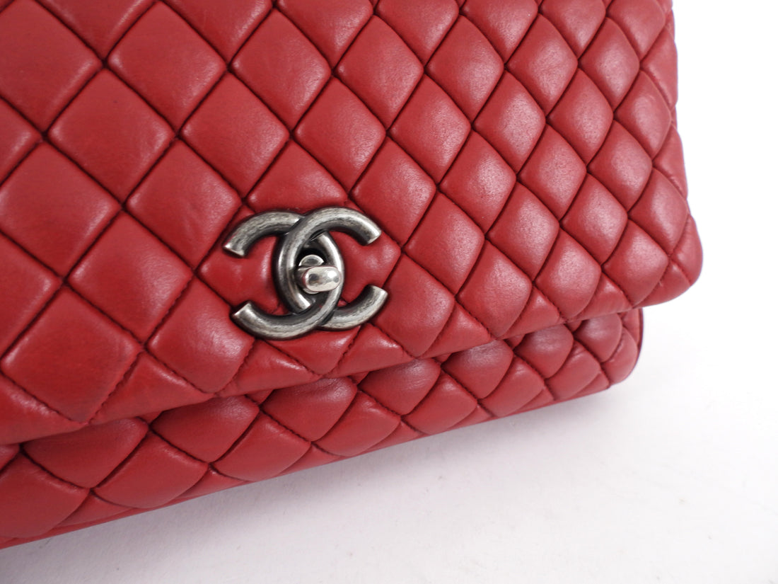 Chanel Red Calfskin Bubble Quilted Medium Single Flap Shoulder Bag