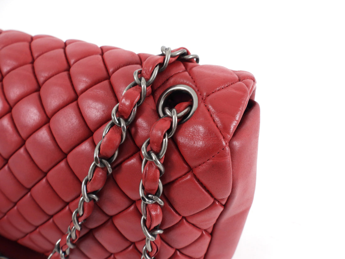 Chanel Red Calfskin Bubble Quilted Medium Single Flap Shoulder Bag