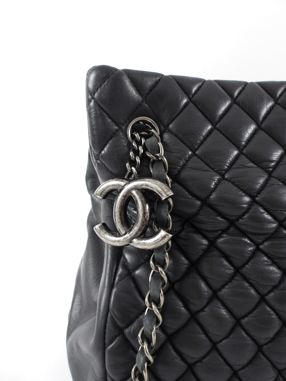 Chanel Black Leather New Bubble Quilt CC Charm Tote Bag
