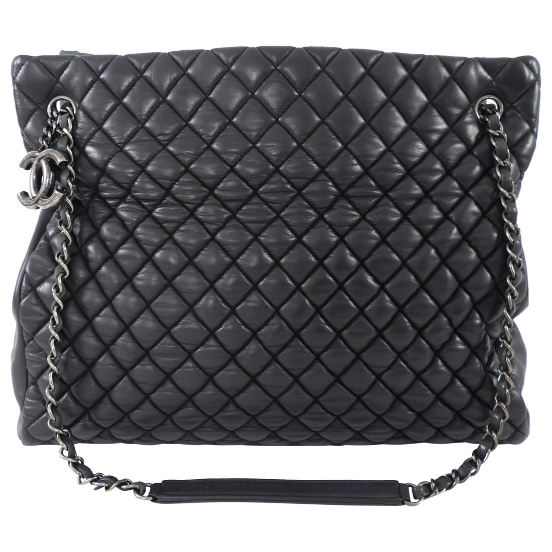 Chanel Black Leather New Bubble Quilt CC Charm Tote Bag