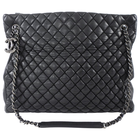 Chanel Black Leather New Bubble Quilt CC Charm Tote Bag