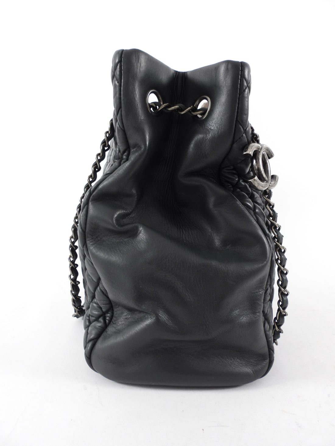 Chanel Black Leather New Bubble Quilt CC Charm Tote Bag