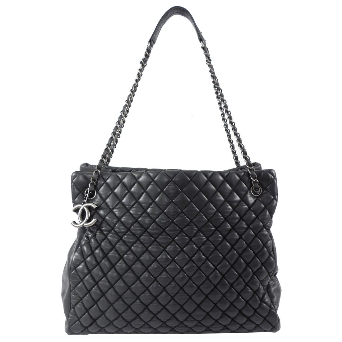 Chanel Black Leather New Bubble Quilt CC Charm Tote Bag