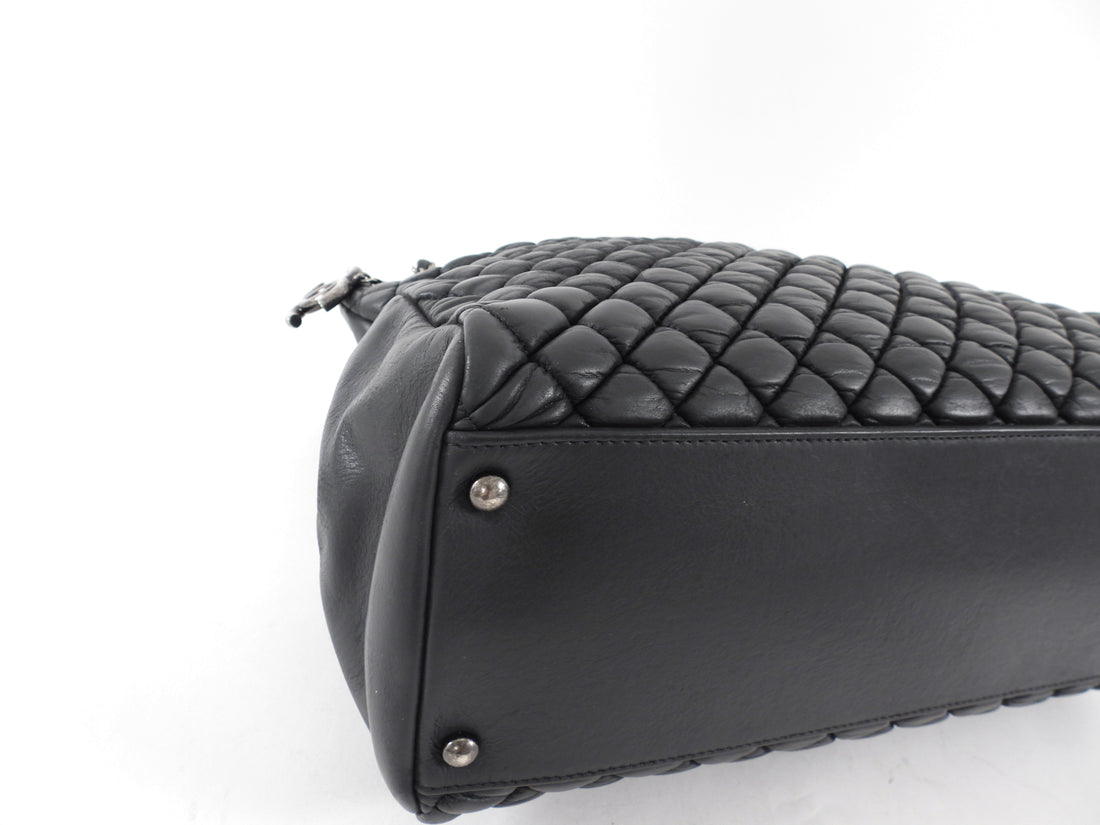 Chanel Black Leather New Bubble Quilt CC Charm Tote Bag