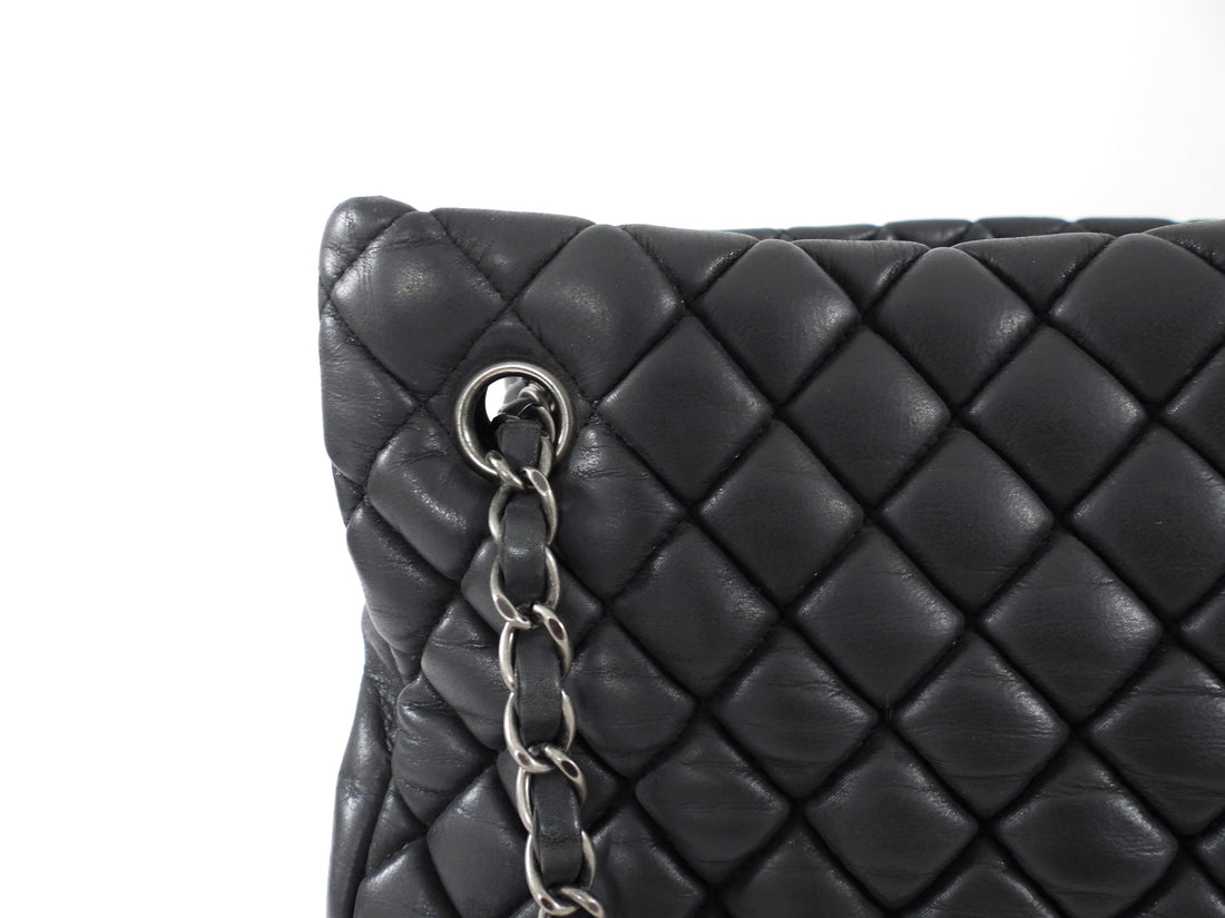 Chanel Black Leather New Bubble Quilt CC Charm Tote Bag