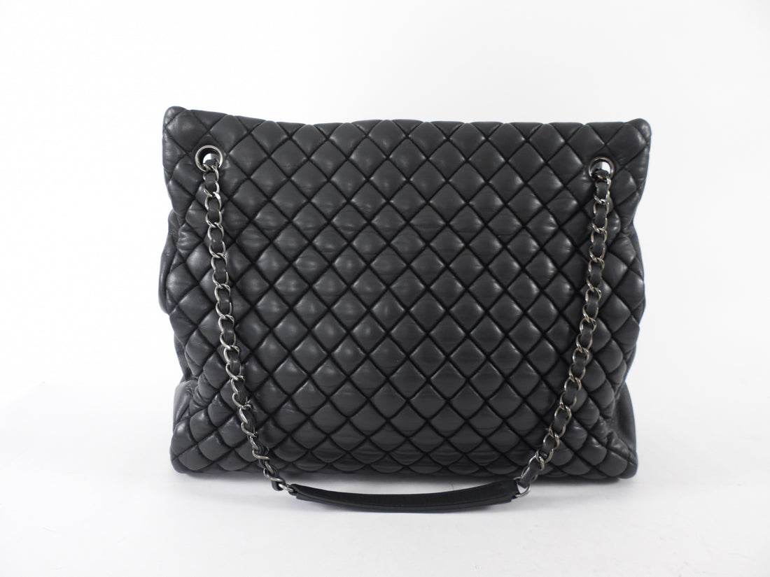 Chanel Black Leather New Bubble Quilt CC Charm Tote Bag