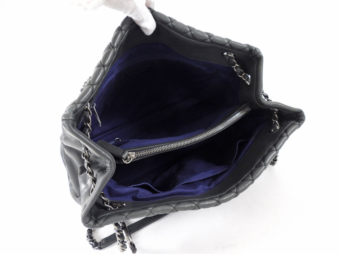 Chanel Black Leather New Bubble Quilt CC Charm Tote Bag