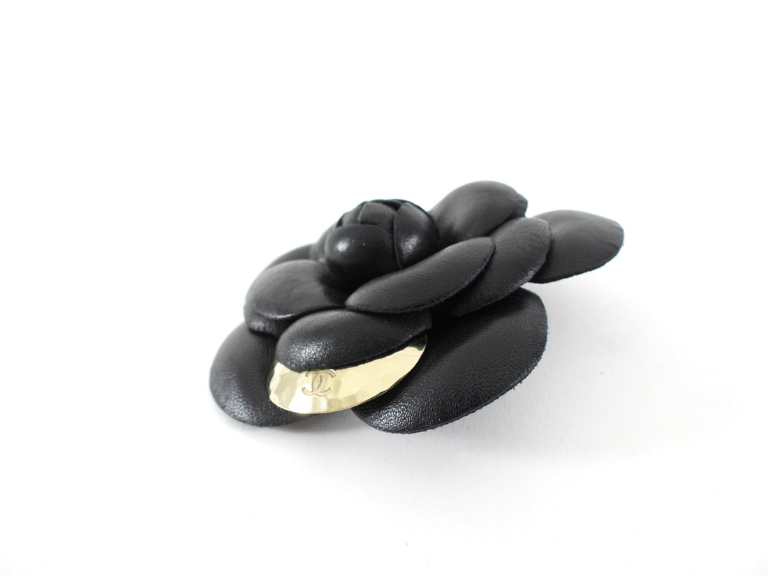 Chanel Black Leather Camelia Flower Brooch Pin with Metal Petal