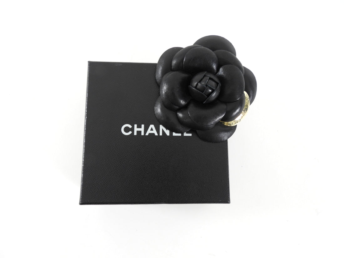 Chanel Black Leather Camelia Flower Brooch Pin with Metal Petal