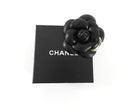 Chanel Black Leather Camelia Flower Brooch Pin with Metal Petal
