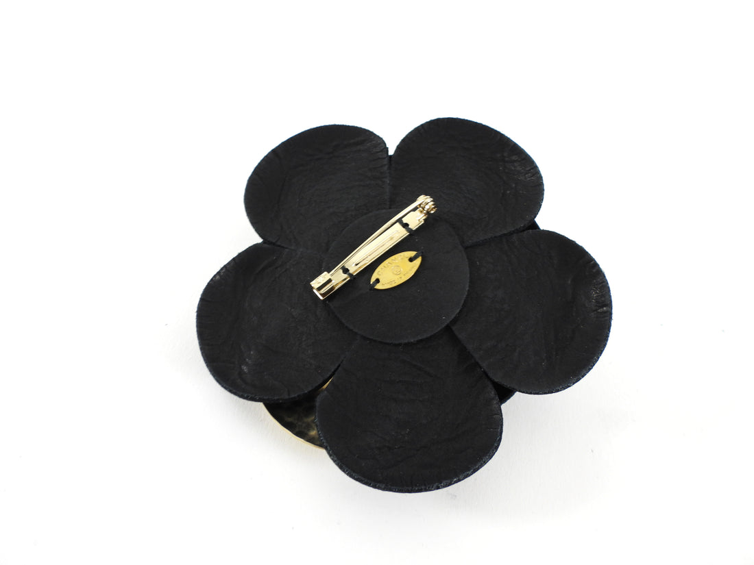 Chanel Black Leather Camelia Flower Brooch Pin with Metal Petal