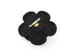 Chanel Black Leather Camelia Flower Brooch Pin with Metal Petal