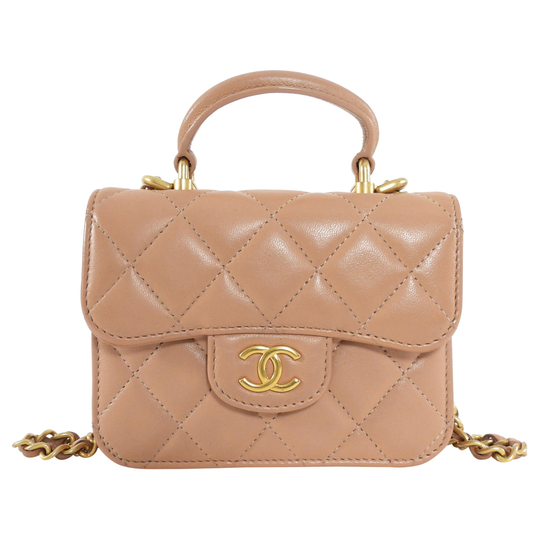 Chanel 21K Beige Quilted Lambskin Mini Top Handle Card Holder on Chain