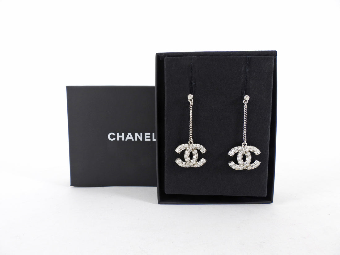 Chanel Sivertone Strass CC Drop Earrings