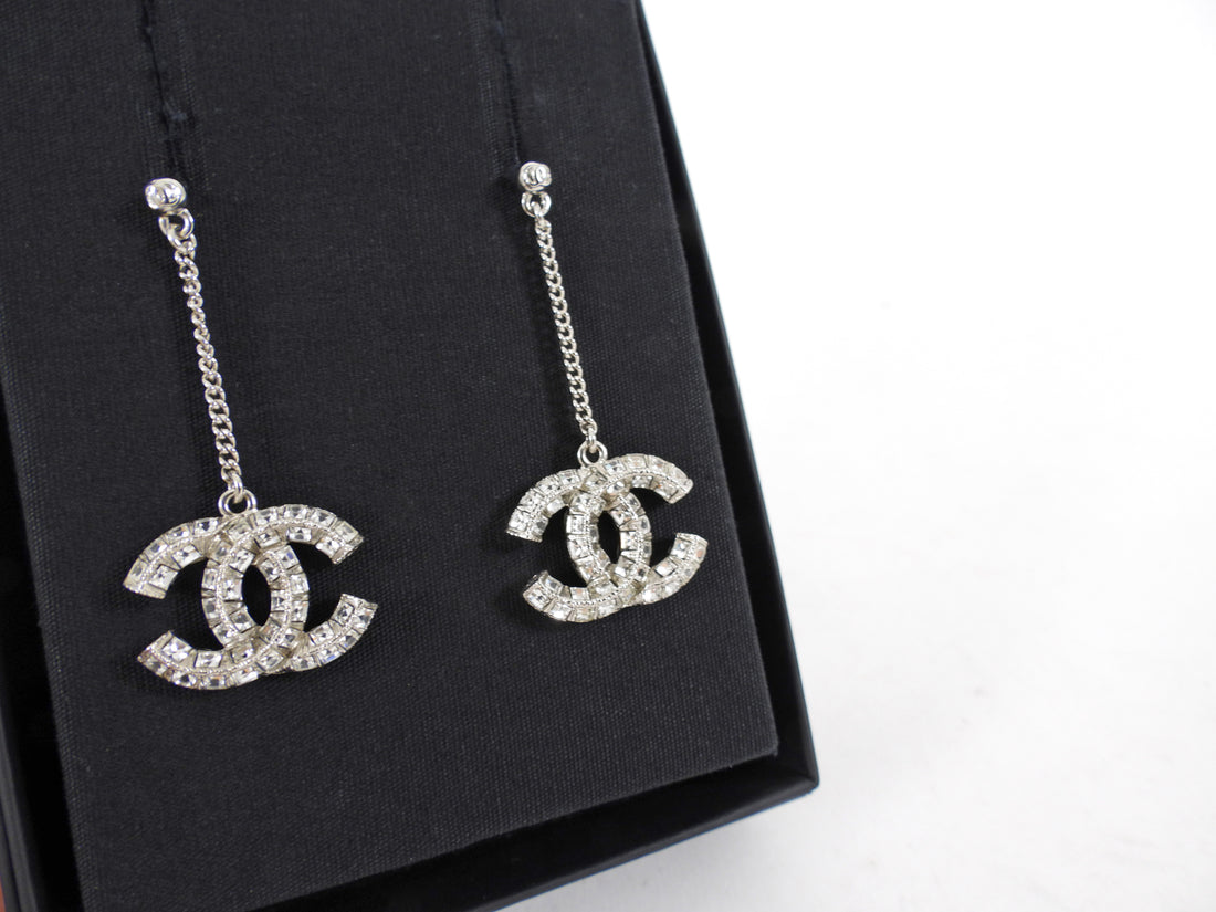 Chanel Sivertone Strass CC Drop Earrings