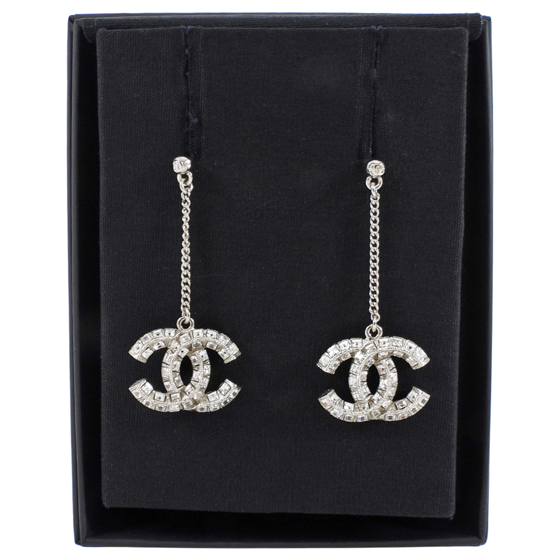 Chanel Sivertone Strass CC Drop Earrings