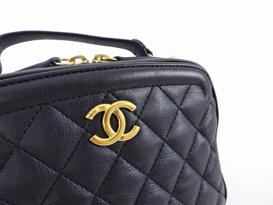 Chanel Dark Navy Blue Quilted CC Extra Pocket Vanity Case Bag