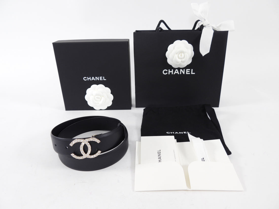 Chanel 20A Black Leather Light Goldtone Crystal CC Belt - 29-31"