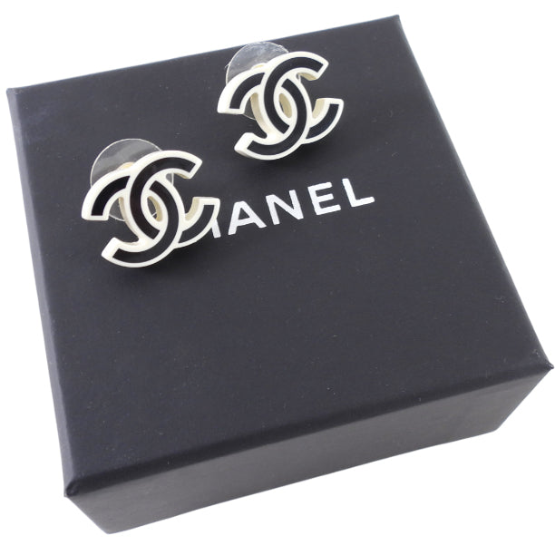 Chanel 22S Black and Ivory Resin CC Stud Earrings