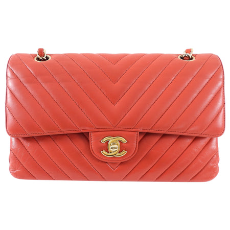 Chanel Red Chevron Quilted Leather Medium Double Classic Flap Bag