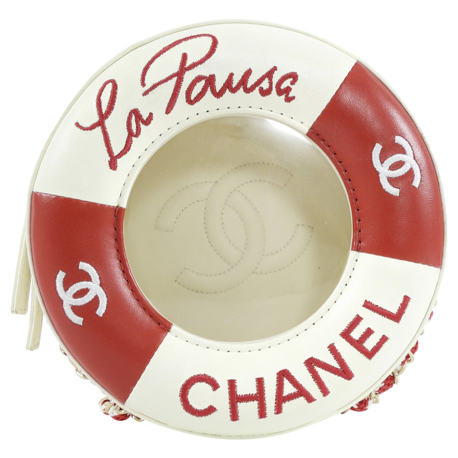Chanel 2019 C Runway Red and White La Pausa Lifesaver Round Bag