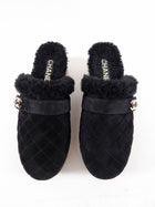 Chanel 21A Black Shearling CC Turn Clasp Quilt Cork Mules - 37