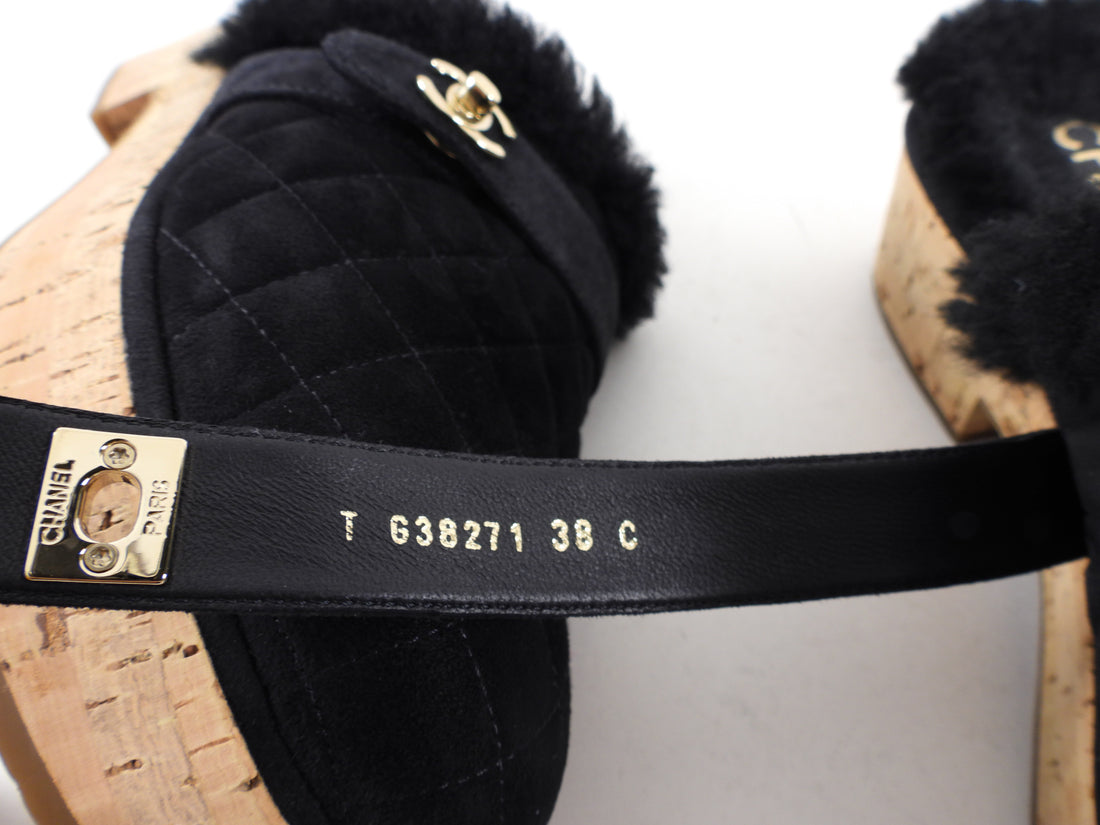 Chanel 21A Black Shearling CC Turn Clasp Quilt Cork Mules - 37