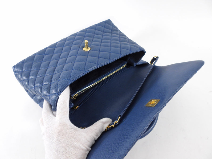 Chanel Large Blue Caviar Leather Coco Top Handle Bag GHW