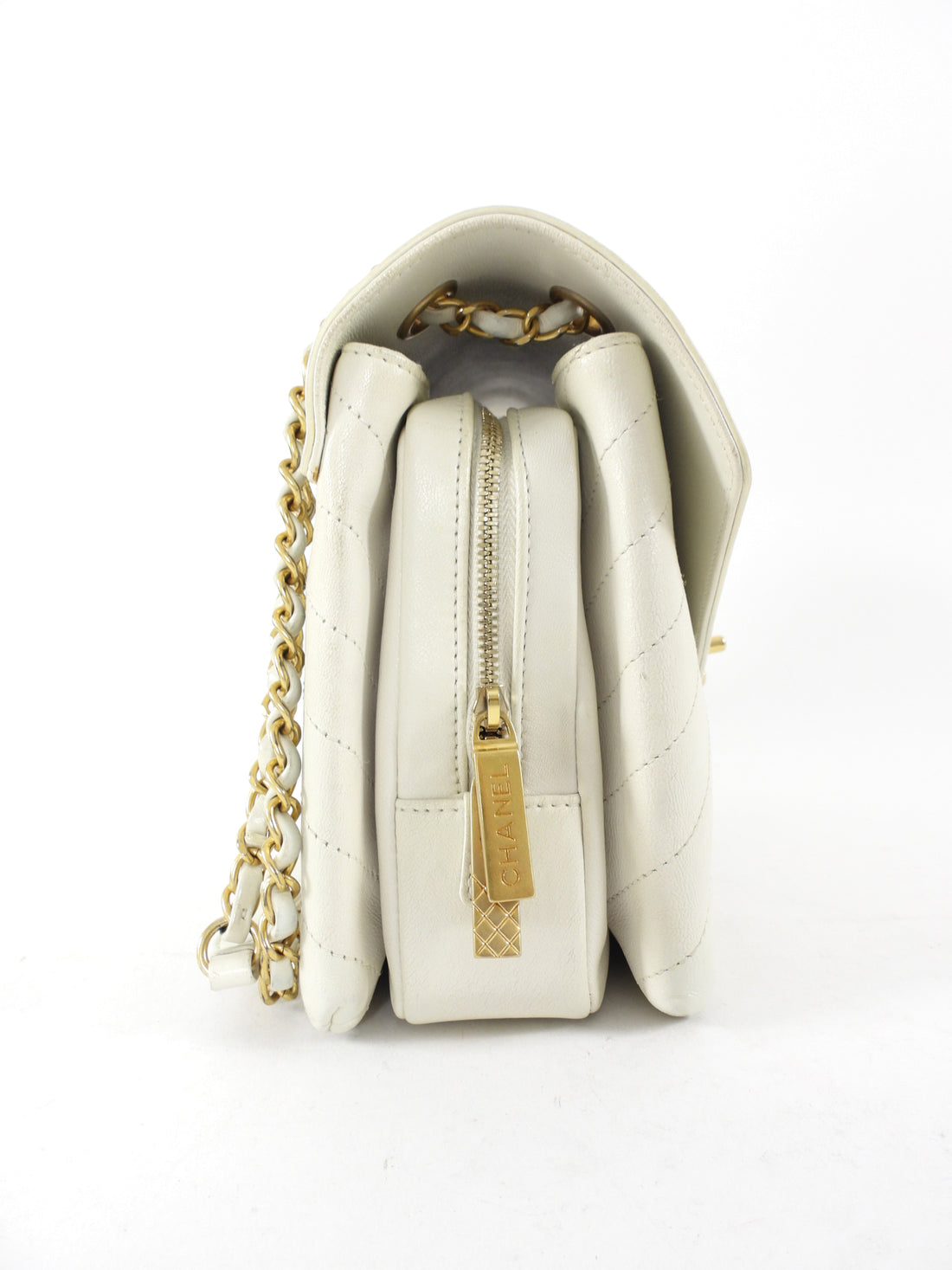 Chanel Ivory Chevron Stitch Compartment Medium Flap Bag