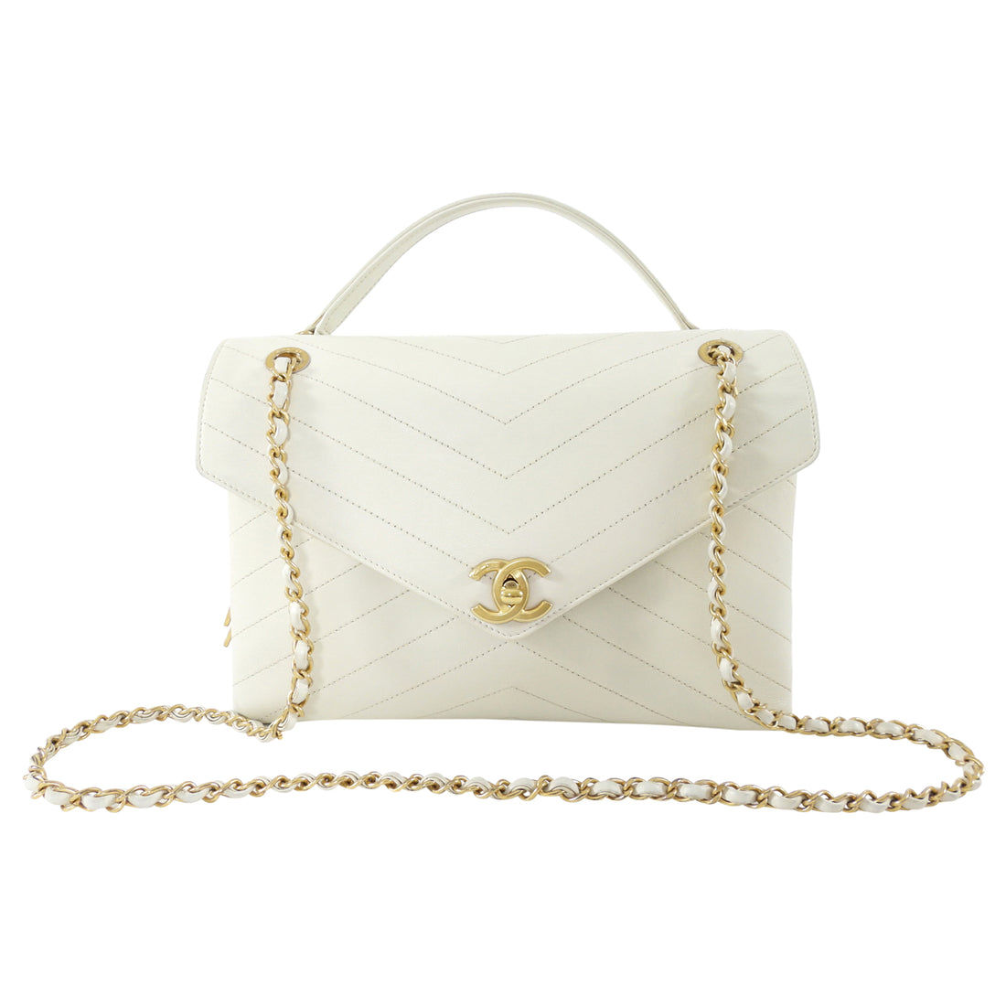 Chanel Ivory Chevron Stitch Compartment Medium Flap Bag