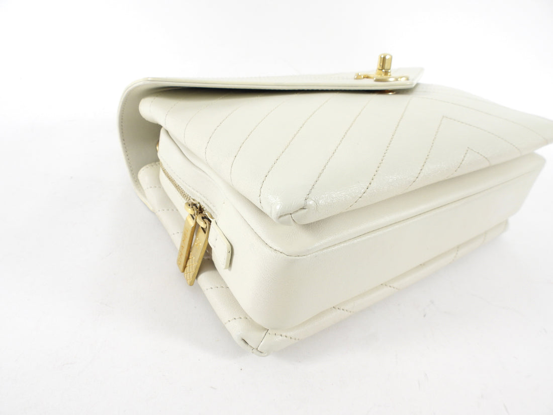 Chanel Ivory Chevron Stitch Compartment Medium Flap Bag
