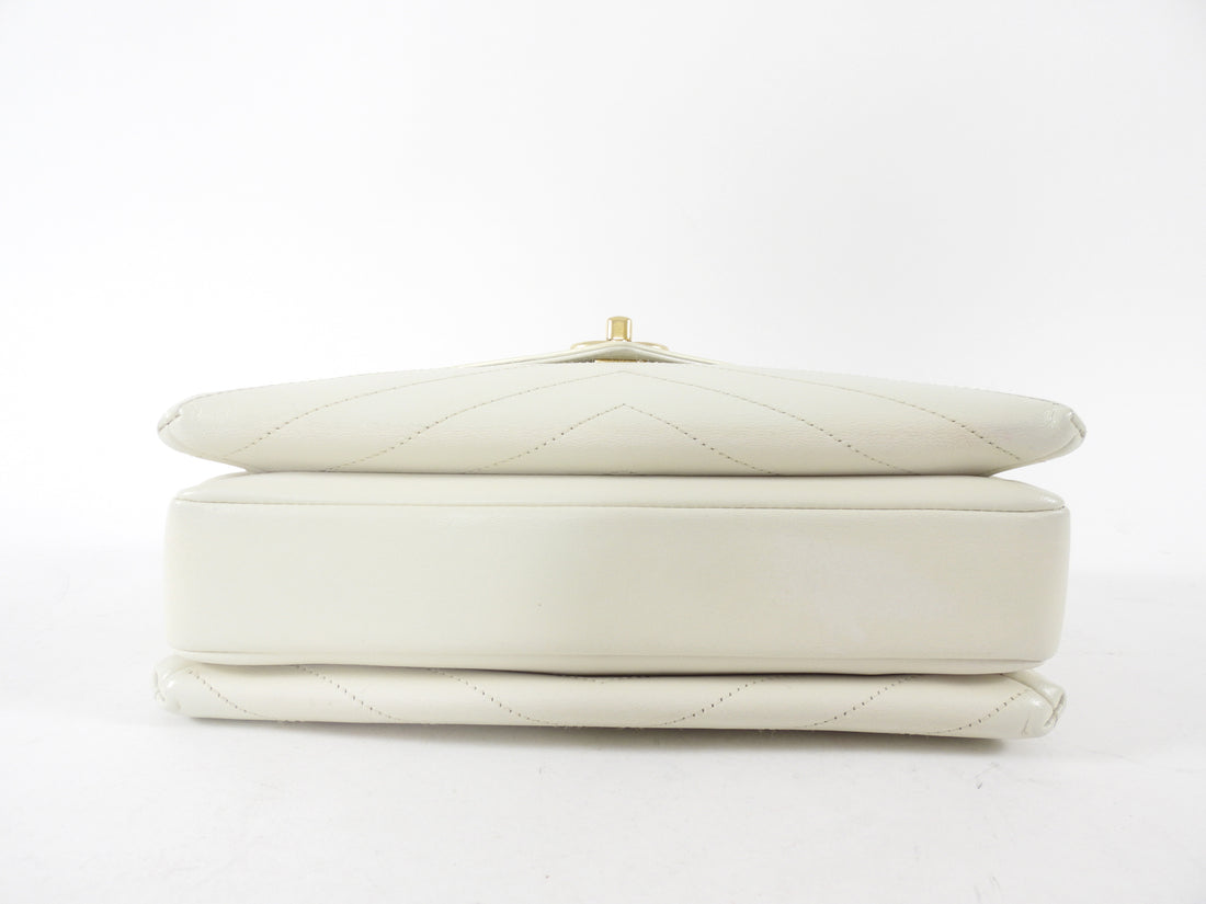 Chanel Ivory Chevron Stitch Compartment Medium Flap Bag