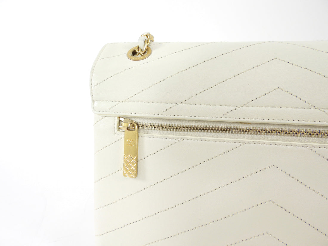 Chanel Ivory Chevron Stitch Compartment Medium Flap Bag