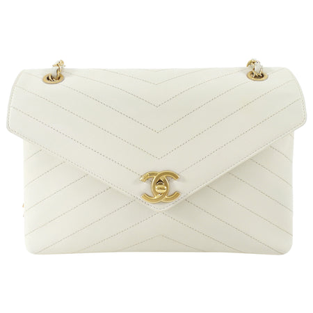 Chanel Ivory Chevron Stitch Compartment Medium Flap Bag