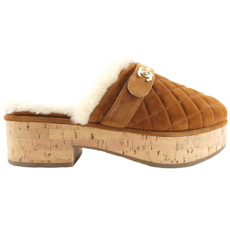 Chanel 21A Brown Shearling CC Turn Clasp Quilt Cork Mules - 37