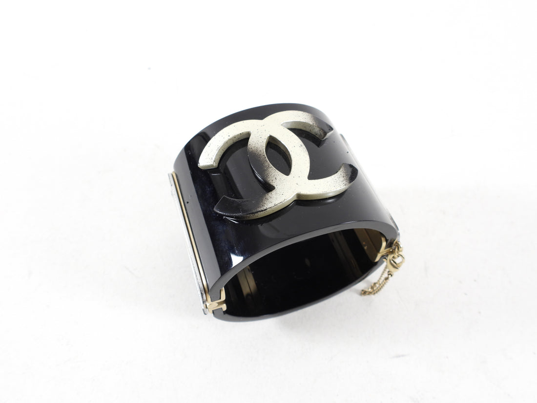 Chanel 14A Black Resin CC Goldtone Cuff Bracelet