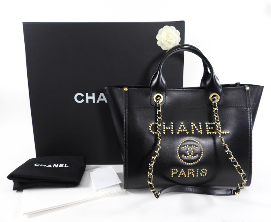 Chanel Black Caviar Leather Stud Deauville Tote Bag
