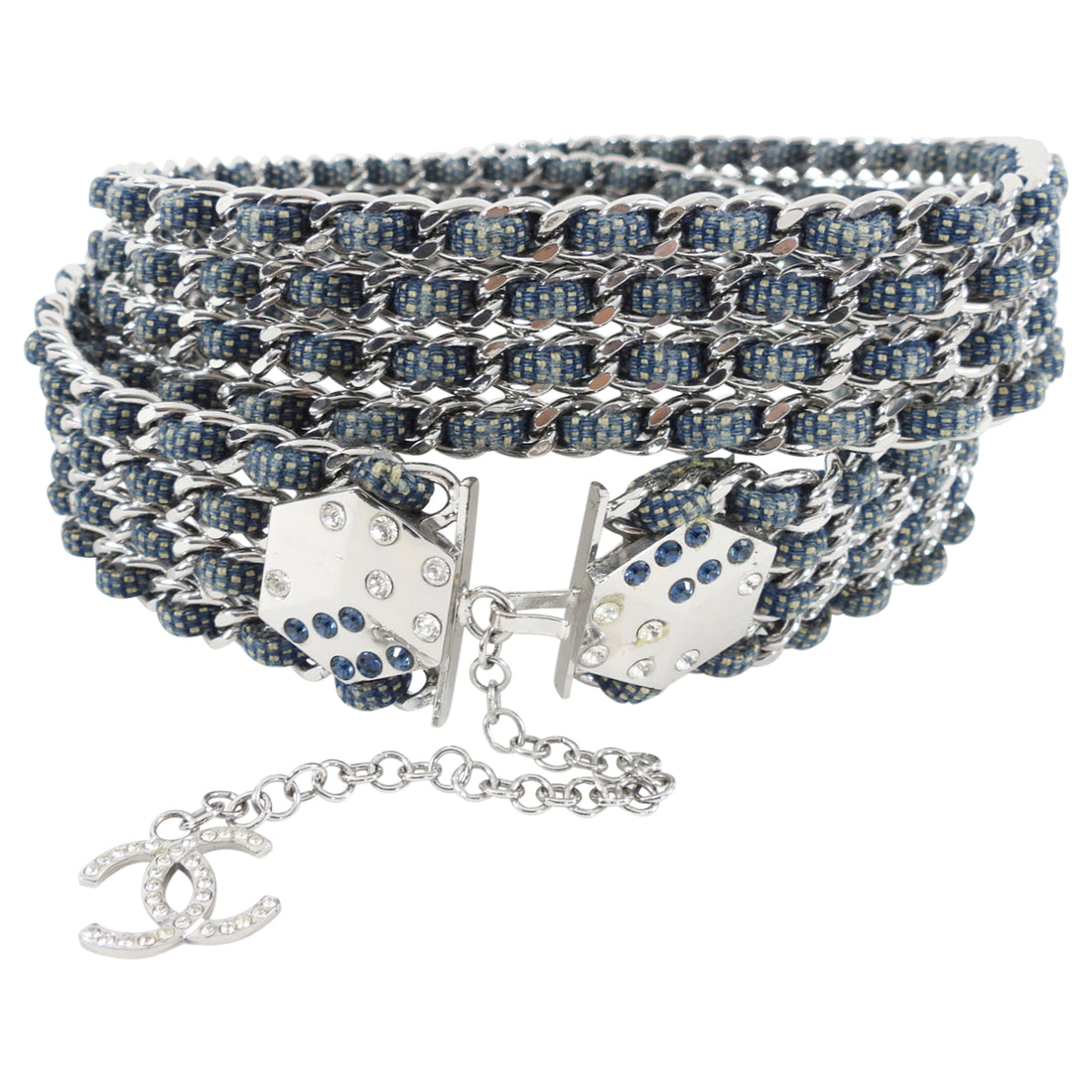 Chanel 01P Blue Denim and Silver Chain Dice Gamble Belt L