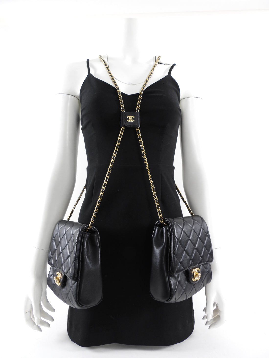 Chanel 19S Runway Black Quilted Lambskin Flap Double Side Pack Bags