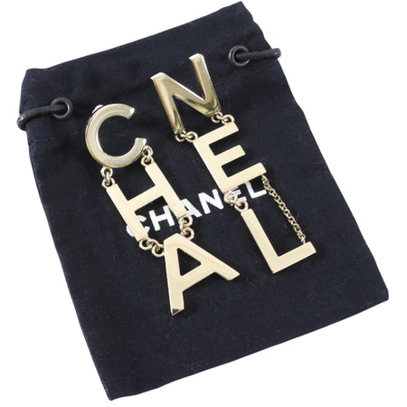 Chanel 19S Light Goldtone Spellout Logo Drop Earrings