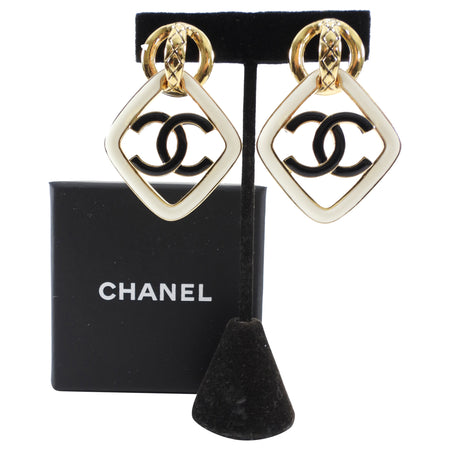 Chanel 22s Runway Navy and Ivory Enamel CC Doorknocker Earrings