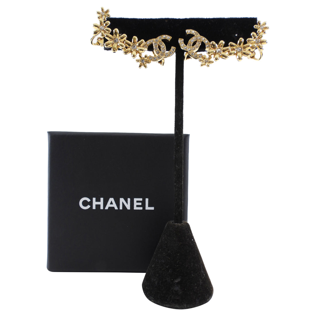 Chanel 23a Goldtone Floral Strass CC Ear Climber Clip Earrings