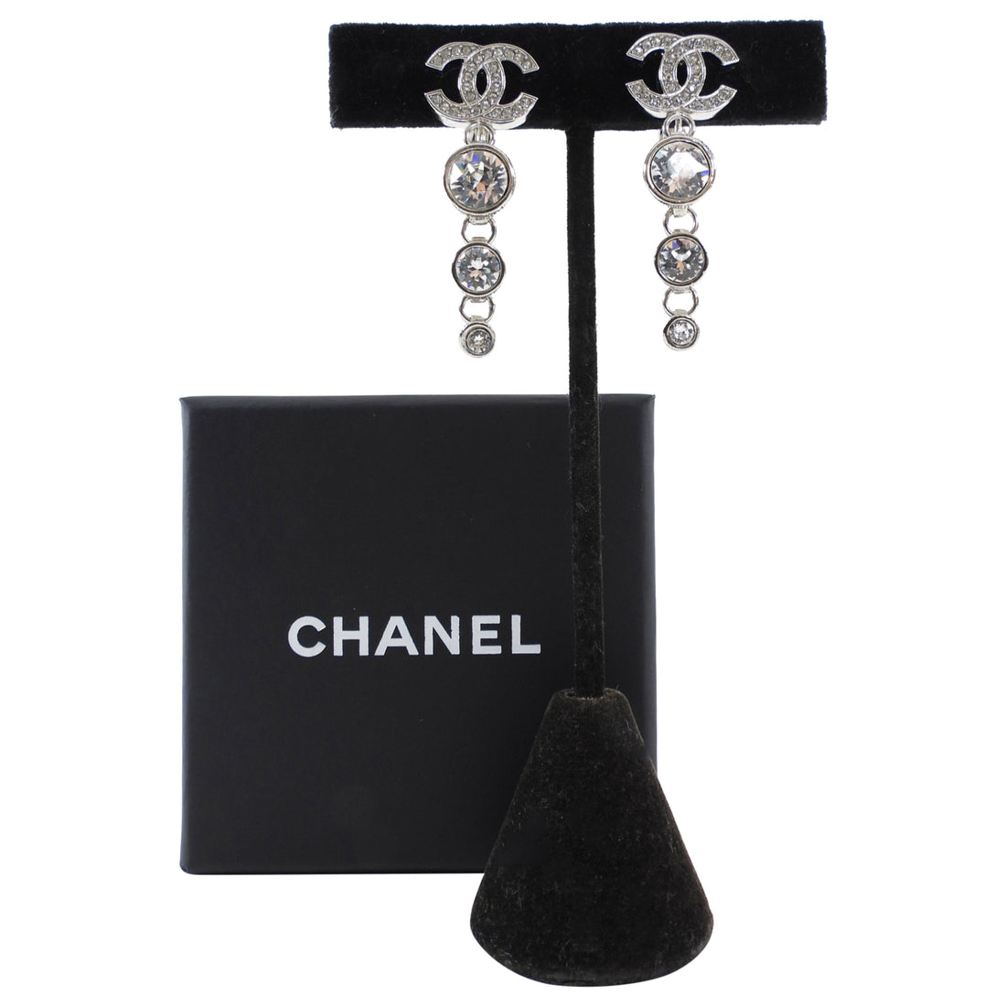 Chanel 23 Strass Clear Crystal CC Drop Earrings Silver
