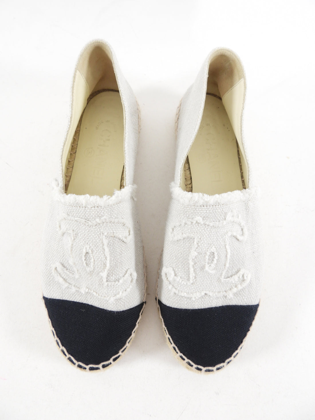 Chanel Black and Natural Canvas Cap Toe CC Espadrille Flats - 37 (36.5)