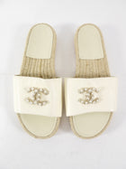 Chanel White Leather CC Flat Espadrille Slides - 37 / 7