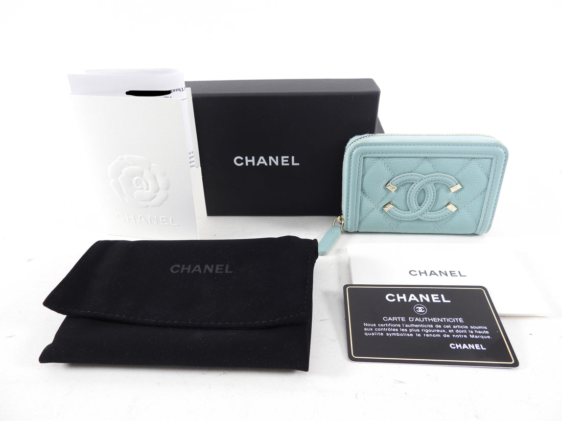 Chanel Light Blue Caviar Filigree CC Zip Wallet