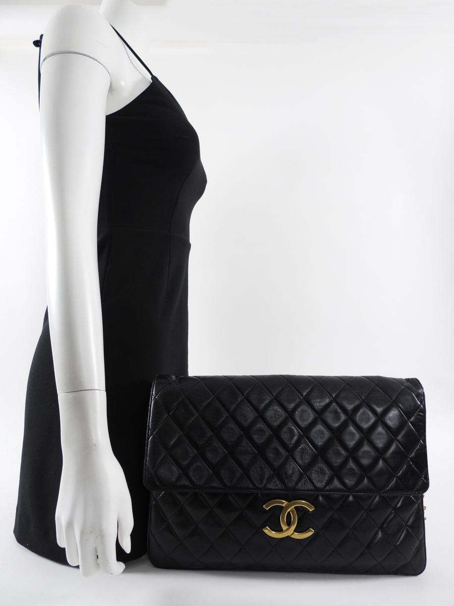 Chanel Vintage 1989 XXL CC Logo Quilted Chain Flap Clutch Bag